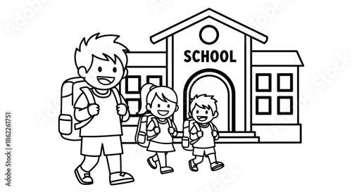 Children walking towards school building with backpack and bags in a simple illustration style