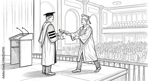 Graduate receiving diploma on stage with faculty in academic robes, auditorium audience watching, black and white illustration