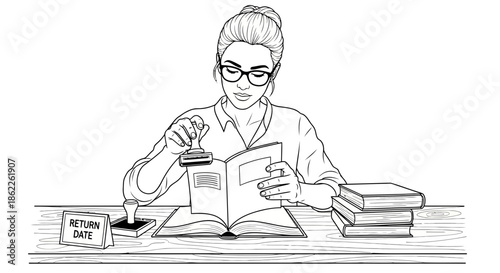 A woman studying a book at a desk with papers and a return date sign