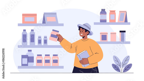 Man holding a product in a store with various items on shelves