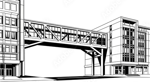 A detailed architectural sketch of a bridge connecting two buildings, showcasing modern design and urban infrastructure from a street-level viewpoint