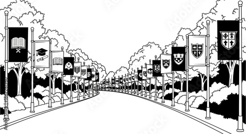 A long road lined with flagpoles bearing emblems and banners on either side, surrounded by trees and foliage.