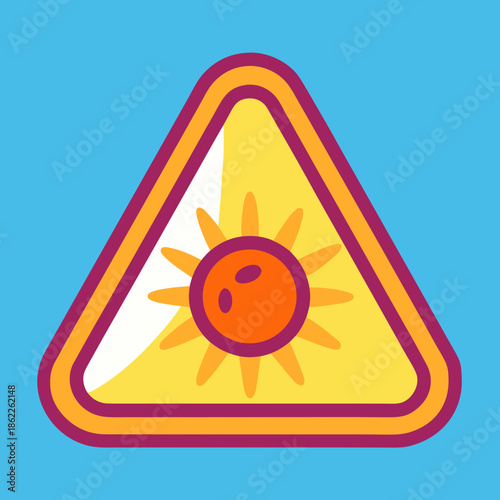 Title: A triangular warning sign with a yellow sun and a surprised face inside on a blue background