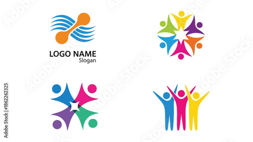 A collection of diverse and colorful logo designs featuring people teamwork and abstract shapes representing collaboration