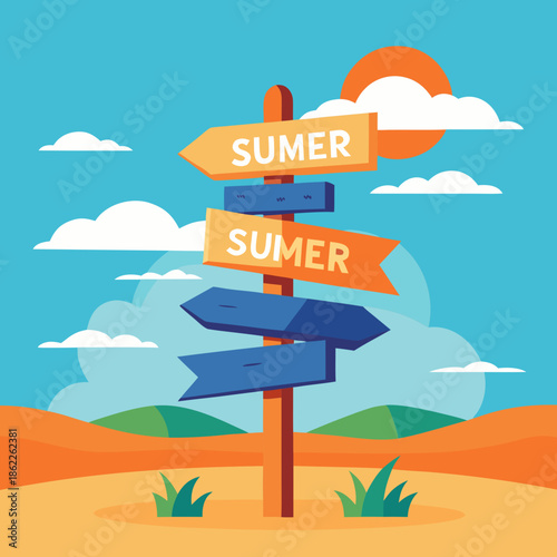 Title: Colorful directional signs pointing to various destinations with a sunny sky and clouds