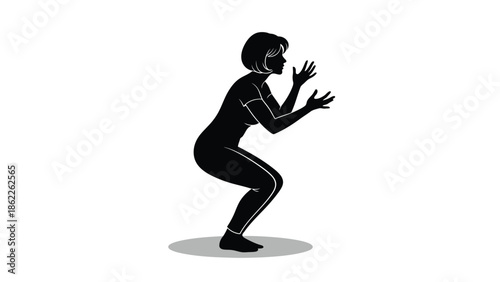 A silhouette of a woman demonstrating a squat exercise showcasing proper form and athletic movement for fitness routines
