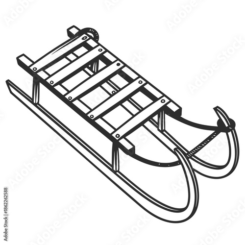 Title: A detailed of a wooden sled with a rope handle and intricate carvings on the seating area