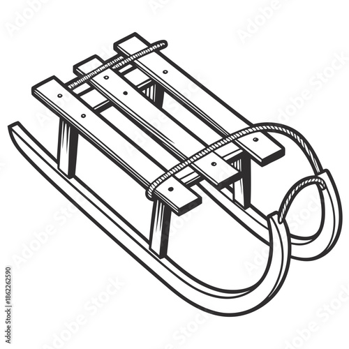 Title: A detailed of a wooden sled with a rope handle and intricate carvings on the seating area