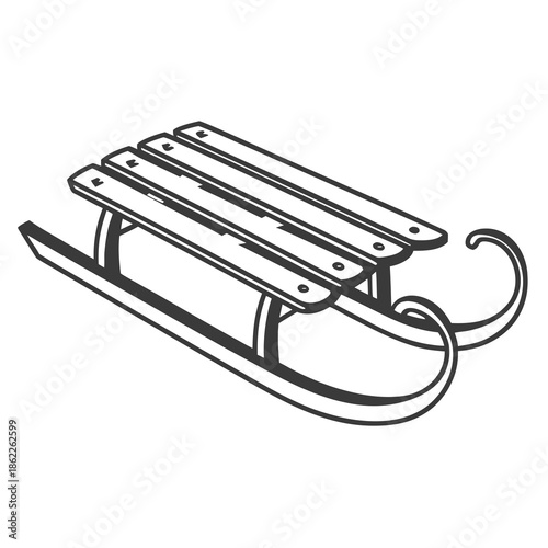Title: A simple line of a basic wooden sled with a flat seating area and curved runners