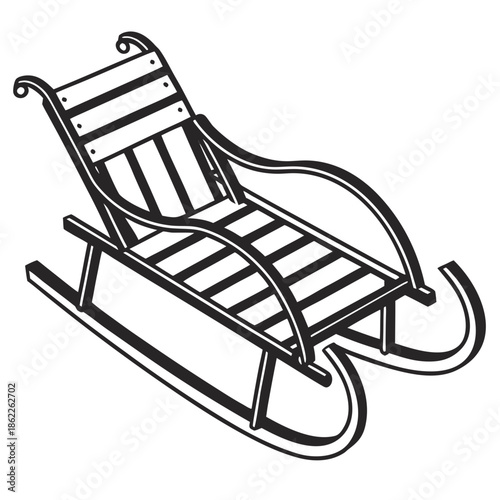 Title: A black and white line of a vintage wooden sled with curved runners and a flat seating area