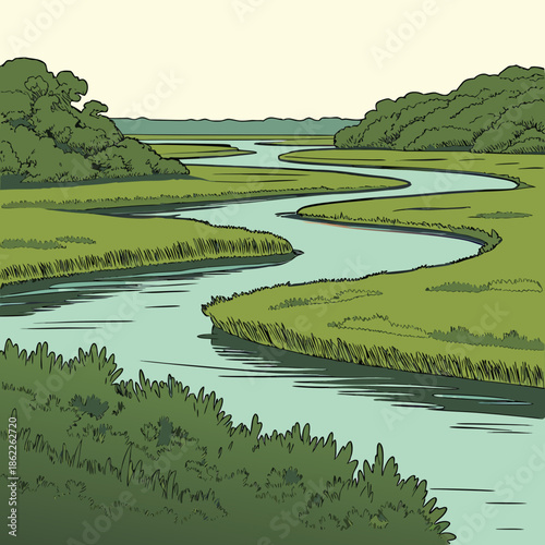 Title: A colorful of a winding river surrounded by lush greenery and trees under a clear sky