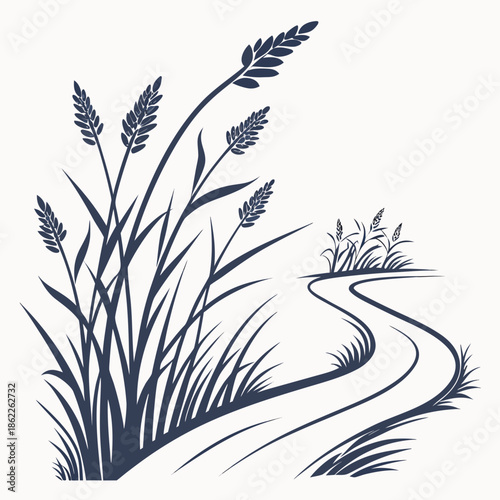 Title: Tall grass growing alongside a winding river with small plants and vegetation around it