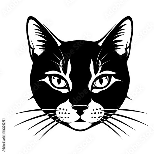 Symmetrical Cat Face Tattoo Stencil with Bold Outlines and Piercing Eyes