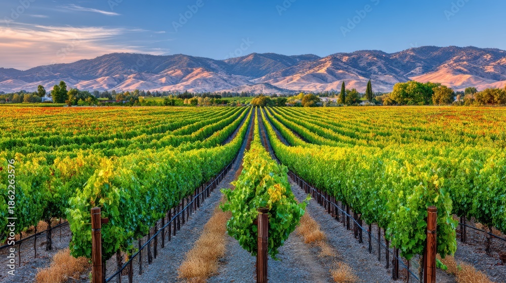 Fototapeta premium Vineyard rows stretch across hills under evening sky in a rural area with mountains in the background