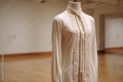 White shirt on display in a spacious indoor setting with wooden floor