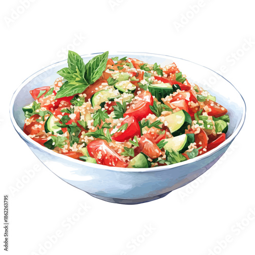 Tabbouleh Salad in watercolor style, vector illustration, isolated on white background.