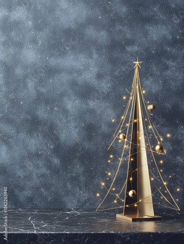 Elegant golden wire christmas tree on marble surface with string lights
