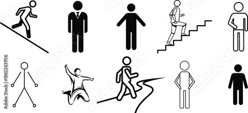 A collection of stick figure icons depicting various human movements and actions