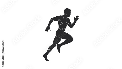 A silhouette of a muscular man dynamically running showcasing power speed and athletic movement in a simple design