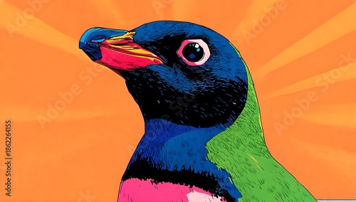 Vibrant pop-art bird portrait on orange background