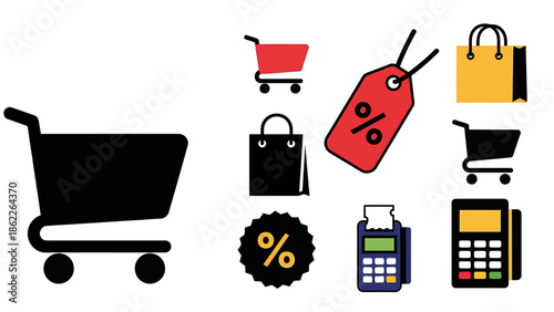 Collection of retail shopping and discount icons, including shopping carts, bags, price tags, and payment terminals