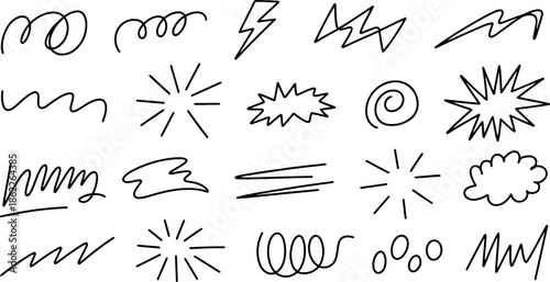 Multiple black outline graphic elements such as squiggles, explosions, and curly lines are randomly arranged across a bright white backdrop for visual emphasis.