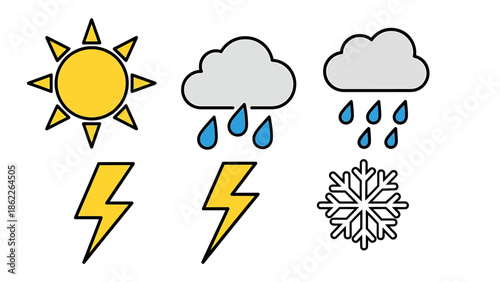 A diverse collection of weather condition icons, including sun, rain, lightning, and snow, perfect for forecasting and climate representation