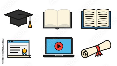 Collection of education icons including graduation cap, diploma, open book, laptop with play button, and scroll