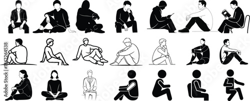 A series of 15 black and white silhouette illustrations of people meditating or practicing yoga