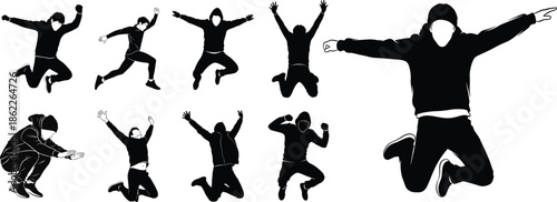 Silhouette of multiple people jumping and celebrating in various poses