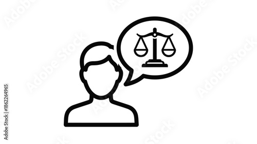 A simple black and white illustration depicts a person s head with a thought bubble containing scales of justice above