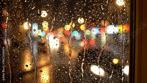 Rainy night view through a window with blurred lights