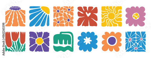 hand drawn poster abstract flowers groovy retro style. floral square botanical icon. freehand naive bright 70s style 