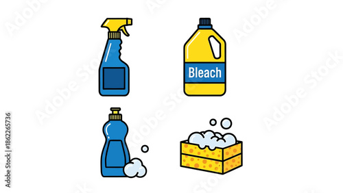 A set vector illustration of common household cleaning products and supplies, including a spray bottle, bleach, soap, and a sponge with suds, for everyday domestic hygiene tasks