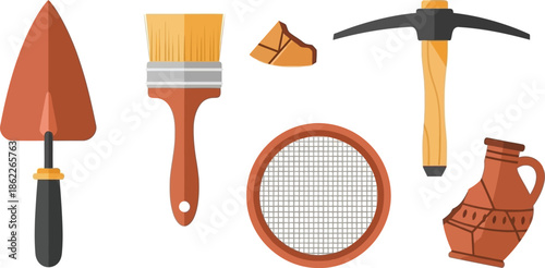Archaeology Field Tools Set of 5 archaeology items trowel brush pickaxe sieve and artifact pottery shard