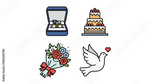 A delightful vector collection of essential wedding symbols sparkling rings, tiered cake, flower bouquet, and a romantic dove. Ideal for love-themed designs