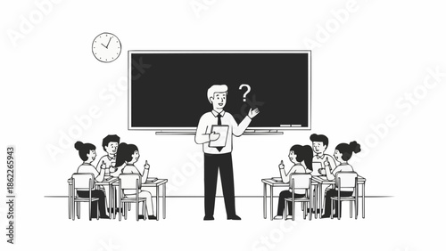 Teacher lecturing students in a classroom with a question mark on the board.