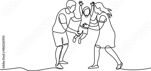 Family tug of war game playing together continuous line art illustration