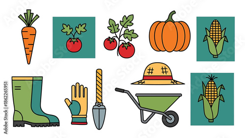 Colorful flat vector icons set of gardening essentials fresh farm vegetables, planting tools, harvest items like carrots, pumpkins, and corn