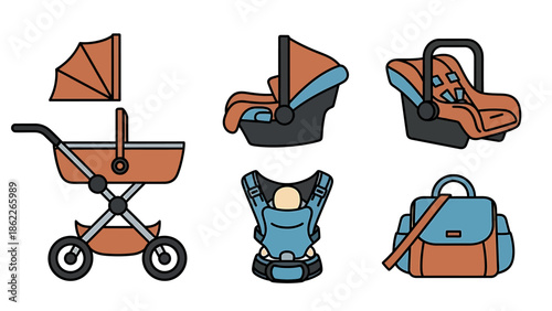 Vector illustration set of essential baby care accessories, including a stroller, car seats, baby carrier, and diaper bag, designed for new parents navigating daily life with infants and toddlers