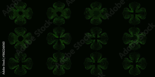 A grid of vibrant green swirling floral patterns against a dark backdrop