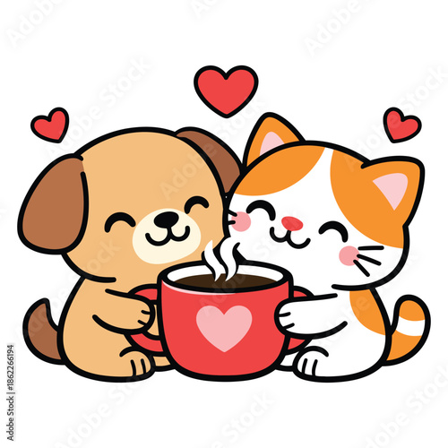 Cute cartoon cat and dog hugging a steaming coffee mug with hearts illustration