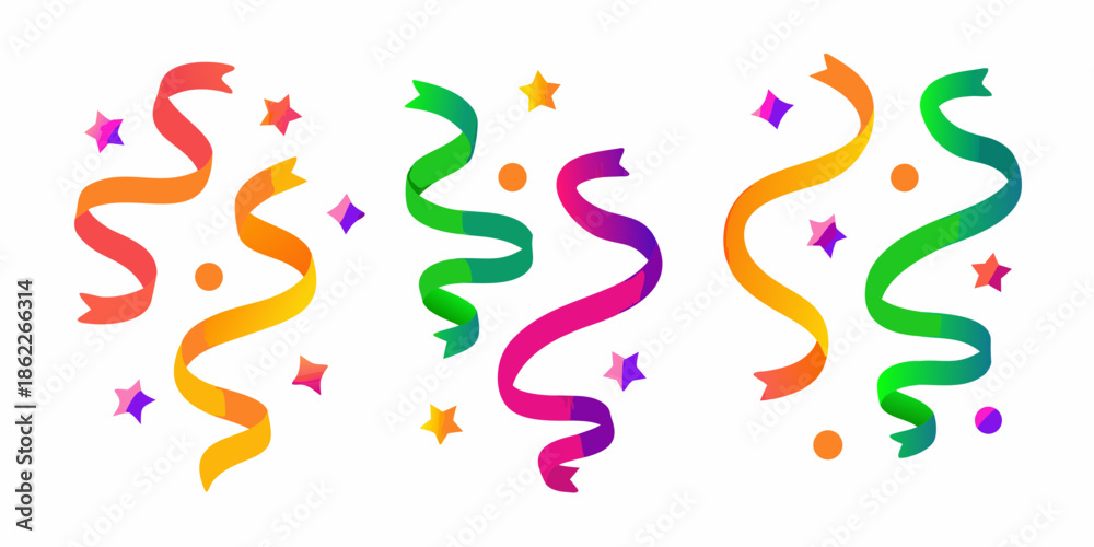 Obraz premium Colorful confetti ribbons and sparkling stars create a festive celebration background