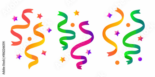 Colorful confetti ribbons and sparkling stars create a festive celebration background