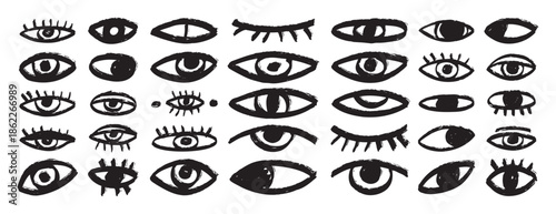 bizarre eyes hand drawn doodle brush set. Textured minimalistic grunge eyes rough collection 