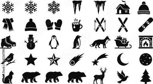 Winter season vector icons collection featuring snowflakes, animals, holiday elements, sports gear, cozy symbols and festive graphics ideal for seasonal design projects and creative decor.