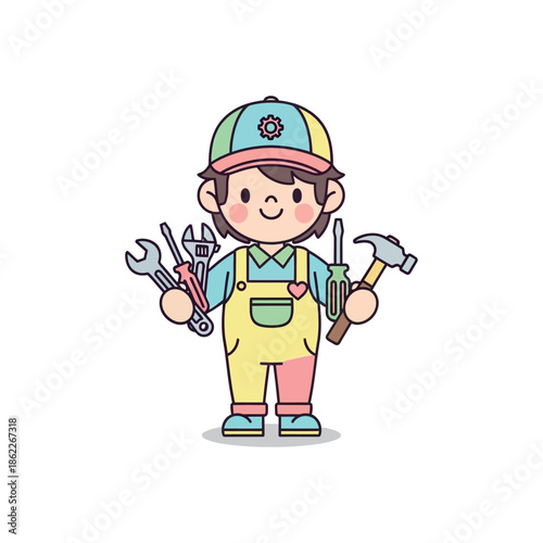 A cheerful cartoon worker holds tools in both hands, wearing a colorful uniform.