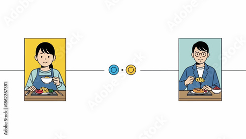 Couple eating meals separately, social distancing concept, vector illustration