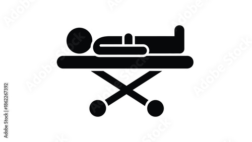 A simple black and white icon depicting a hospital bed with a patient lying within it symbolizing healthcare and medical facilities