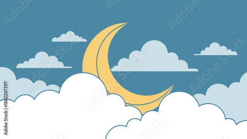 Crescent Moon and Clouds in a Blue Sky - Night Sky Illustration